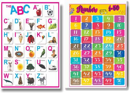 Set of 2 ABCD, 1 to 50 Numbers Hd Print for Kids Learning Paper Print