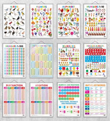 Birds, Flowers, Alphabet, Numbers 1-10, Numbers 1-100, Multiplication Table 1-20, Numbers, Shapes & Colours, Alphabet, Numbers, Shapes & Colours, SUBTRACTION, ADDITION, NUMBERS AND FRACTIONS and MATHS KEYWORDS|combos of 12 hard laminated charts|Unlocking Knowledge: The Complete Set of 12 Educational Charts Paper Print
