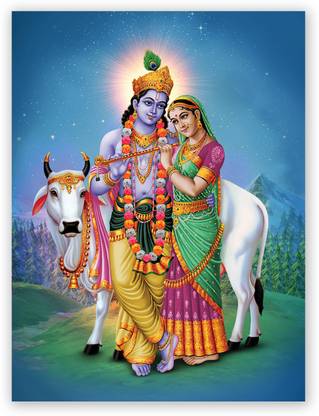 Beautiful Shri Radha Krishna With Cows Hindu God Photo Poster Size 24 X 18 In Fine Art Print