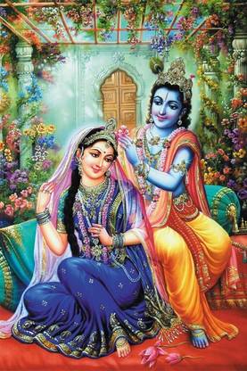 Poster Krishna Putting Flowers In Radha Hair sl-9869 (Large Poster, 36x24 Inch, Banner Media Print, Multicolor) Fine Art Print