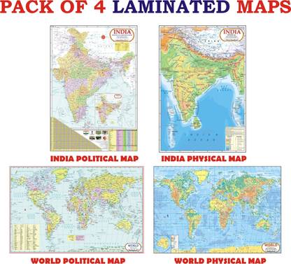 World Map & India Map ( Both Political & Physical ) | LAMINATED Combo of 4 Maps | Printed on Both Sides | Size : 45 x 30 cm | Photographic Paper