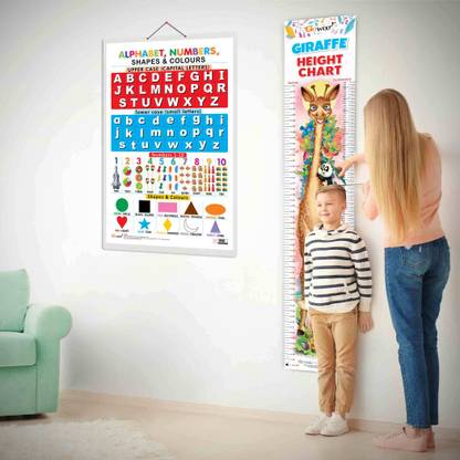 Alphabet, Numbers, Shapes & Colours and GIRAFFE HEIGHT CHART | Set of 2 chart | Funtastic Jungle Learning Pack of Alphabet, Numbers, Shapes & Colors + Giraffe Height Chart Paper Print