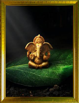 Lord Ganesha Frame - Premium 3D Textured Golden Frame without glass - HD printed Matte photo - Photographic Paper