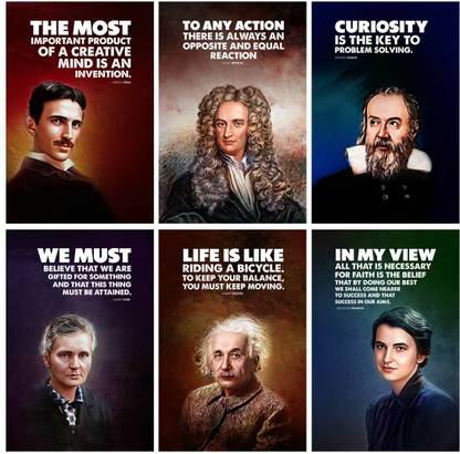 Great Scientist (Newton, Albert Einstein, Rosalind, Tesla, Galileo, Marie Curie) Motivational and Inspirational Quotes Posters, (Pack of 06, 18X12 Each Poster Size) (Paper, Medium (A3) Paper Print