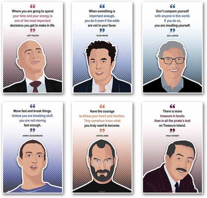 Combo Set of 6 Motivational Wall Posters | Jeff Bezos, Elon Musk, Bill Gates, Mark Zuckerberg, Steve Jobs, Walt Disney Quotes (12x18 inches, Multicolor, 6 Prints Set, Unframed) Fine Art Print