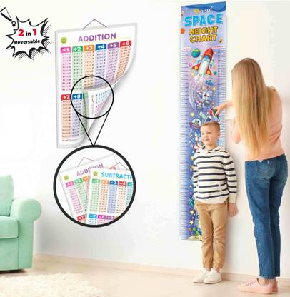 2 IN 1 ADDITION AND SUBTRACTION and SPACE HEIGHT CHART | Set of 1 Educational + 1 Height Chart | Interactive Combo Pack of Addition, Subtraction, and Space Heights for Young Minds Paper Print