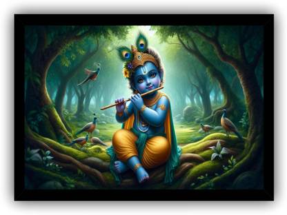 God Krishna Religious Poster With Frame Size 9x13 Inches H-619 Paper Print