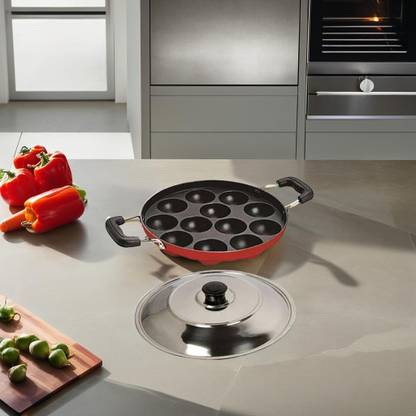 MUSVUZA Non Stick 12 Cavity Aluminium Appam Patra Ponganal Pan Guntapongadalu Pan Paniarakkal with Lid 1 L capacity 22 cm diameter