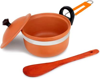 KSI Handmade 1.5L Clay Pot with Lid & Wooden Spatula | For Tea, Milk & cooking Sauce Pan 24 cm diameter with Lid 1.2 L capacity