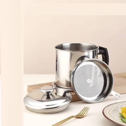 draval Stainless Steel Oil Container Pot Fat Oil Filter Storage with Lid Cooking Oil Pot 14 cm diameter 1 L capacity with Lid