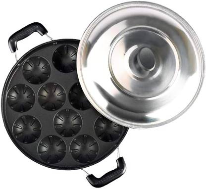 ATROCK Aluminium 12 Cavity Appam Patra Paniyarakkal Two Side Handle with Steel lid Paniarakkal with Lid 0.5 L capacity 24 cm diameter