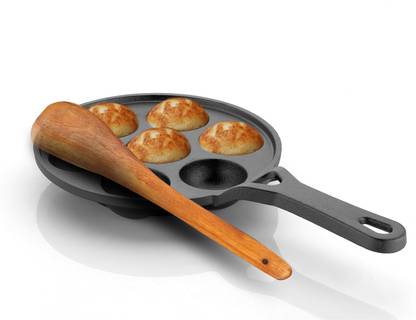 Lifelong Pre-Seasoned Paniyaram Pan with Wooden Spatula, 7 Pits Naturally Non Stick Paniarakkal 0.5 L capacity 21 cm diameter