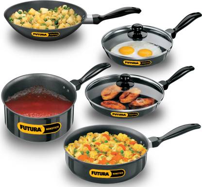 Hawkins Futura 5 Pc Cookware Set 4-Frying, Stir-Fry, Curry and Sauce Pans Combo (NSET4) Pot 26 cm diameter 1 L capacity with Lid