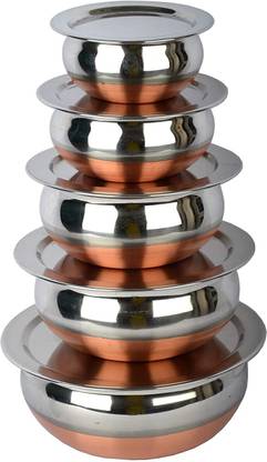 RBGIIT Perfect Copper Handi Set for Everyday Use Whether you want to cook a delicious serving of your favourite sabzi or heat leftover curries from the previous day, the 5-piece copper handi set, Prabhu Chetty, Curved Copper Plate at Bottom, Best Quality Stainless Steel Copper Bottom 5 Pic Handi Pot Set, Brown & Steel, 5 Pic Handi Copper Vegetable Bowl ,Cooking Dinner Table Serving Biryani Pot Handi Kadhai , Panikarilikka Steel Handi 5 Pices Sets Handi 0.65 L, 0.85 L, 1.23 L, 1.83 L, 2.45 L (Stainless Steel) Handi 0.65 L, 0.85 L, 1.23 L, 1.83 L, 2.45 L with Lid