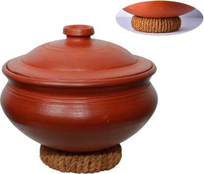 Frills & Colours Premium Handmade Cookware/ Biryani Handi / Clay pot-Organic-Natural Red Handi 3 L with Lid