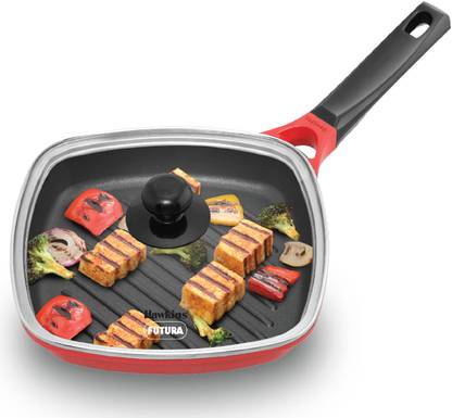 Hawkins Die Cast Glass , Square Roast , Red (IGP26G) Grill Pan 26 cm diameter with Lid 1.18 L capacity