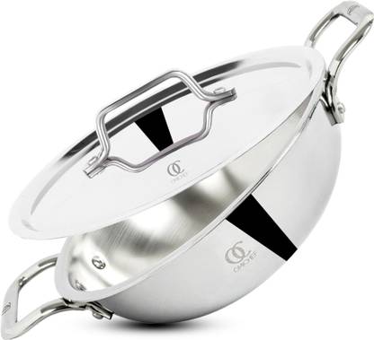 Omichef Primax 26CM(3.95Ltr) Triply Stainless Steel Kadhai , Induction Compatible Kadhai 26 cm diameter with Lid 3.8 L capacity