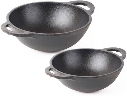 The Indus Valley Pre-Seasoned Cast Iron Kadai Combo | Set of 2 Kadhai 25.2 cm, 20.3 cm diameter 1.4 L, 2.2 L capacity