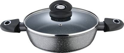 BERGNER Orion Marble Non-Stick Shallow Kadhai 24 cm diameter with Lid 2 L capacity