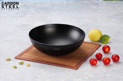 Sumeet Super Smooth Pre Seasoned Carbon Steel (Iron) Tasra Gas & Induction-Friendly Wok 1.75 L capacity 22 cm diameter