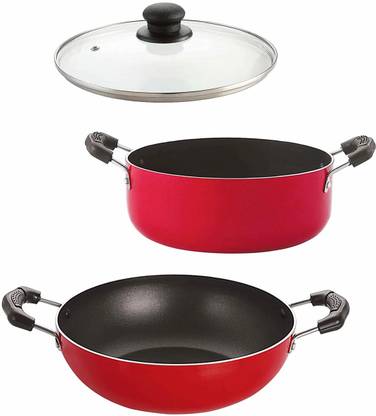 NIRLON Nirlon Non-Stick Aluminium Cookware Set, (Kadhai|Casserole|1 Glass Lid) Kadhai 22 cm, 22 cm diameter with Lid 1.8 L, 2.6 L capacity