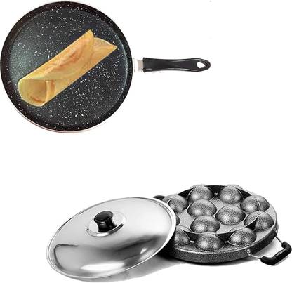 NARV Aluminium Dosa Tawa with Spatula, Appam Patra With Stainless Steel Lid, Grey K3 Tawa 21 cm diameter with Lid