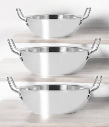 Strobine 3- Stainless Steel Kadhai With Handel, Bowl Set, Cookware Set_027 Kadhai 18.5 cm, 21.2 cm, 23 cm diameter 0.75 L, 1.25 L, 1.6 L capacity