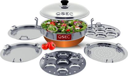 QSEC Stainless Steel Multi Kadai Idli cooker Copper Bottom All-in-One 5 Plate Standard Idli Maker
