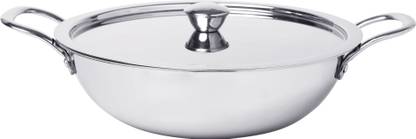 DAACCHI Stainless Steel Deep Kadai with Lid (2600 ml), Induction Bottom Kadhai 24 cm diameter with Lid 2.6 L capacity