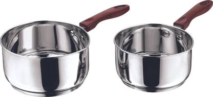 VINOD Stainless Steel Saucepan Set / Tea / Chai Pan, Riveted Sturdy Bakelite Handle Milk Pan 14 cm, 16 cm diameter 1 L, 1.6 L capacity