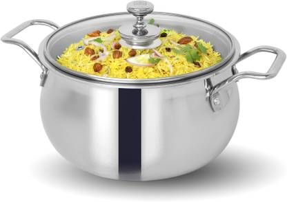 The Indus Valley Triply Stainless Steel Stock Pot with Glass Lid and Twin Handle- 9.5 inch Pot 24 cm diameter 4 L capacity with Lid