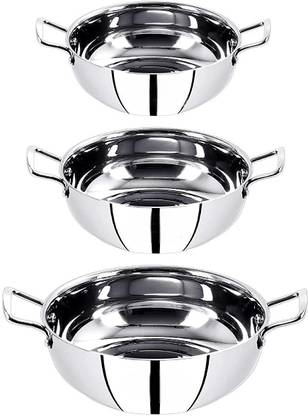 RBGIIT 3 Pic Stainless Steel Deep Frying 22 Gauge Heavy Induction And gas Stove Suitable Bottom Friendly Kadai Cookware Utensils Set with Handle -Set of 3 Pieces, Silver- Heavy Induction And gas Stove Suitable Bottom Hammered Cookware, Kitchen Kadhai for Cooking/Deep Frying Handi 0.75 L, 1.25 L, 1.5 L