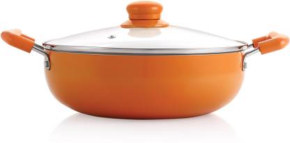NIRLON Ceramic Non-Stick Aluminium Induction Friendly Cooking Kadhai,3.1 Liter, Orange Kadhai 24 cm diameter with Lid 3.1 L capacity