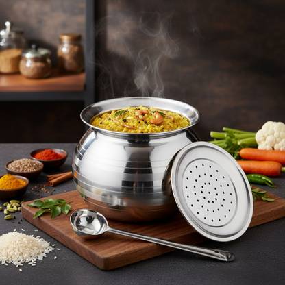 THANGAM Stainless Steel Pongal Pot/Handi/Cooker with Vadi Plate, 3 Litres Pot 16.5 cm diameter 3 L capacity with Lid