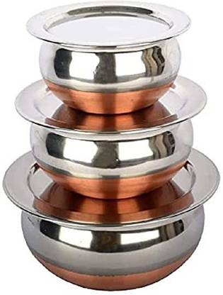Moda ji 3 PCS Cooking and Serving Copper Bottom Handi Set with LID Handi 0.8 L, 1.1 L, 1.6 L with Lid