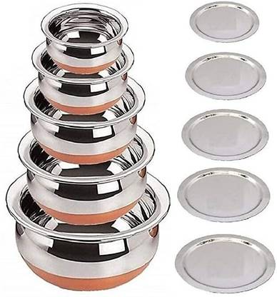 LIMETRO STEEL Copper Base Handi with Lid / Urli Set Cookware Set