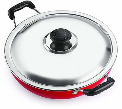 Blue Diamond mond Non Stick Deep Khadai, 2.5 LIters Black/Red Kadhai 26 cm diameter with Lid 3 L capacity