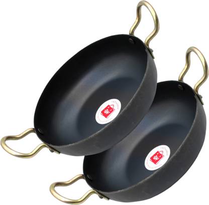LAZYwindow Traditional Iron Deep Bottom Kadhai with Handle Kadhai 19 cm diameter 1 L capacity