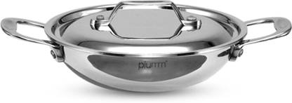 Get Plumm Tri-ply Stainless Steel Kadai with lid 3 Litre (24 cm Dia) | 2.5mm Thick Kadhai 24 cm diameter with Lid 3 L capacity