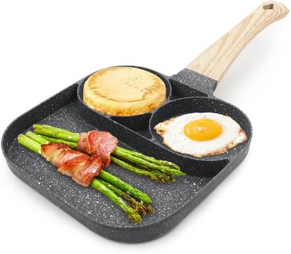 OLTR Frying Pan with Wooden Handle – 3 Compartment Breakfast Skillet for Eggs & More| Fry Pan 36 cm diameter 1 L capacity