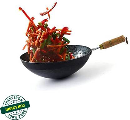 The Indus Valley Light Iron Chinese Wok with Strong Wooden Handle - 10 inch Wok 2.2 L capacity 25.4 cm diameter
