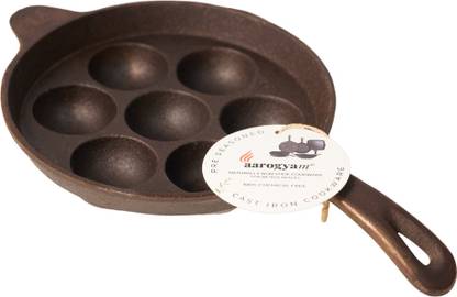 Aarogyam Paniyaram/ Appam Cast Iron Tawa, Pre- Seasoned, 7 Cavity, Round, With Handle Paniarakkal 7 L capacity 22 cm diameter