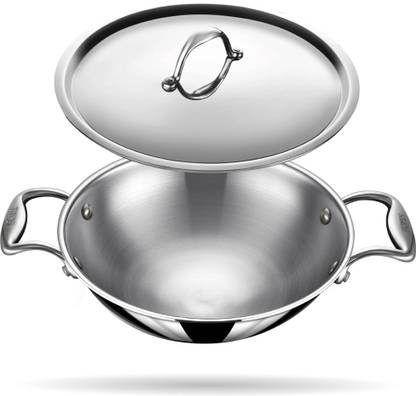 Stahl Artisan Triply Stainless Steel Round Bottom Kadhai 24 cm diameter with Lid 2.6 L capacity