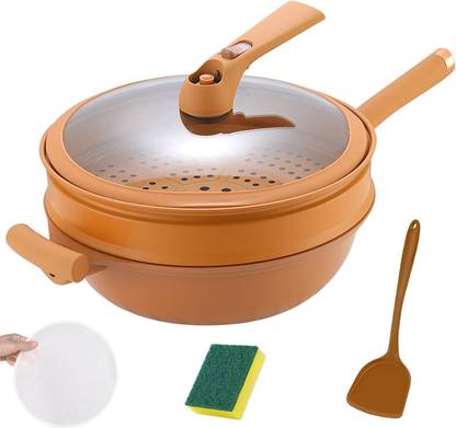 Kesig Non-Stick Clay Wok with Steamer Basket, Clay Micro-Pressure Non-Stick Pan, Fry Pan 33 cm diameter 20 L capacity
