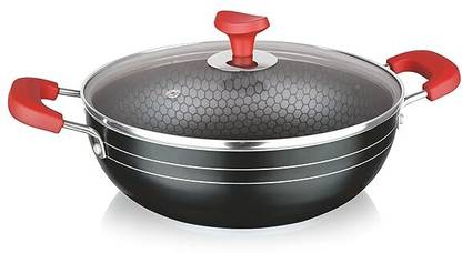 Suruchi Hexagon Nonstick Kadhai with Glass Lid,24 cm,4 Layer Non-Stick Coating PFOA Free Kadhai 24 cm diameter with Lid 1 L capacity