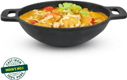 The Indus Valley Pre-Seasoned Cast Iron Kadai Wok model with Flat Handle - 10 inch Kadhai 25.6 cm diameter 2.4 L capacity