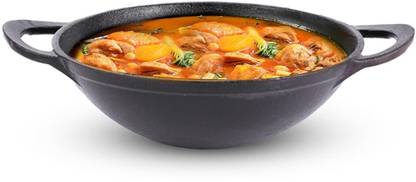 The Indus Valley Pre-seasoned Cast Iron Kadai with Curved Handle - 8inch Kadhai 20.3 cm diameter with Lid 1.4 L capacity