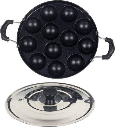 HM EVOTEK Aluminium Non-Stick 12 Cavity Appam Patra with Lid and Scrub Paniyaram Maker K1 Paniarakkal with Lid 1 L capacity 23 cm diameter