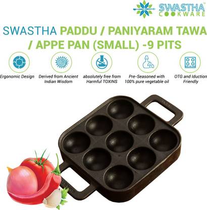 SWASTHA Cast Iron Material Paddu Tawa Small | Black Colour Tawa 19 cm diameter