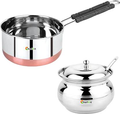Chefkit Stainless Steel Copper Bottom 1L Sauce Pan & Ghee Pot | Pot ,Oil Ghee Container Pot 17 cm diameter 1 L capacity